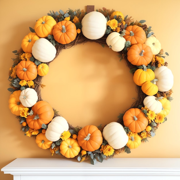 couronne avec des citrouilles blanches et jaunes et des fleurs Décoration de la maison