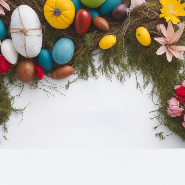 Une couronne colorée avec des oeufs de Pâques et des fleurs dessus.