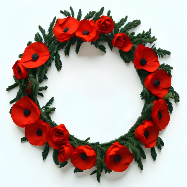 Une couronne de coquelicots rouges sur fond blanc