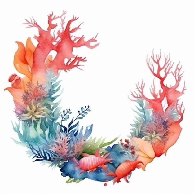 couronne de corail aquarelle avec des coquillages et des algues génératives ai