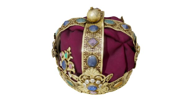 Une couronne croyal avec un tissu de velours rouge et un anneau d'or