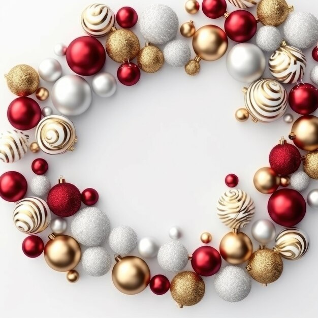 une couronne de décorations de Noël avec un fond blanc et des boules rouges.
