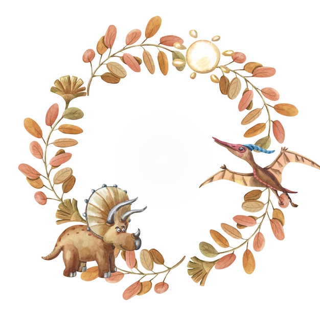 Couronne de dino aquarelle Dinosaure brun avec des plantes Cadre floral avec de jolis tricératops