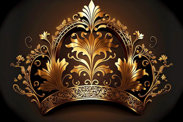 Photo couronne dorée brillante avec ornement sur fond marron foncé