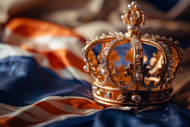 Photo une couronne dorée s'assoit fièrement au sommet d'un drapeau américain symbolisant le pouvoir, l'autorité et le patriotisme.