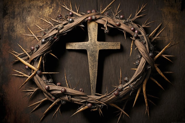 Une couronne d'épines et une croix sont encadrées dans une couronne