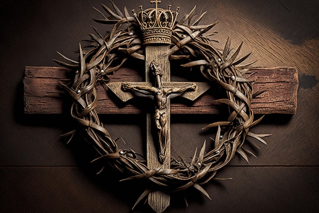Une couronne d'épines est suspendue à une croix avec une couronne d'épines.