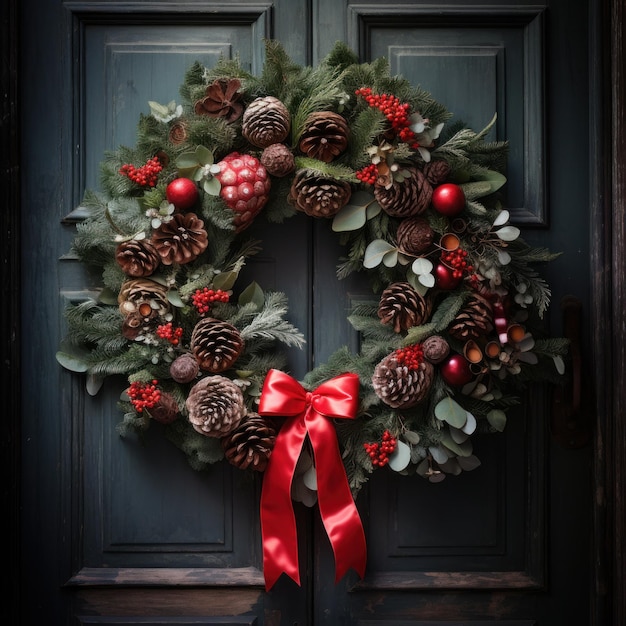 Couronne de fête avec arc rouge et pommes de pin sur porte en bois