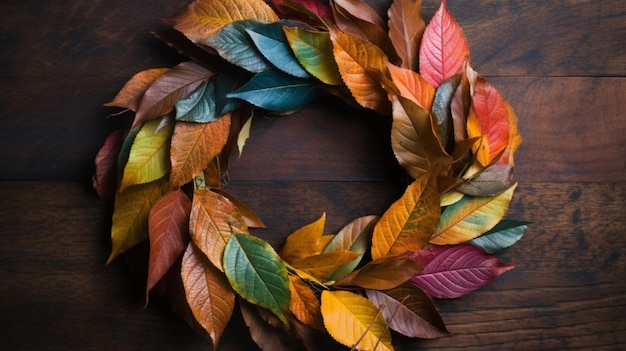 Une couronne de feuilles d'automne est sur une table en bois.