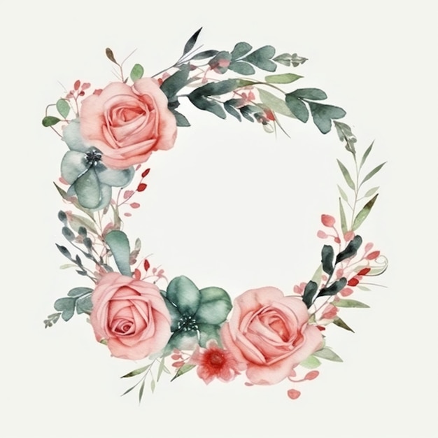 Couronne de fleurs à l'aquarelle avec une feuille verte et des roses roses.