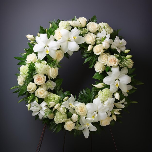 une couronne de fleurs blanches et de verdure sur un stand génératif ai