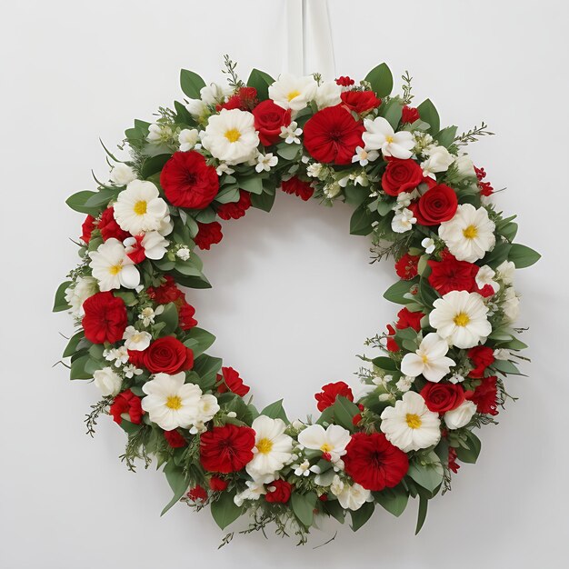 Une couronne de fleurs élégante sur fond blanc Des fleurs rouges, brunes, bleues et jaunes