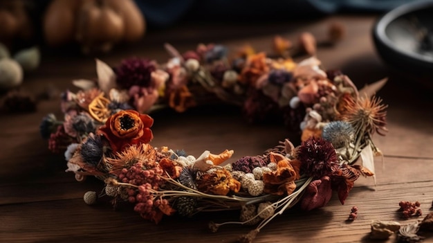 Une couronne de fleurs est posée sur une table avec une citrouille sur la table.