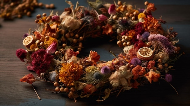 Une couronne de fleurs est posée sur une table.