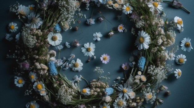 Une couronne de fleurs est posée sur une table.