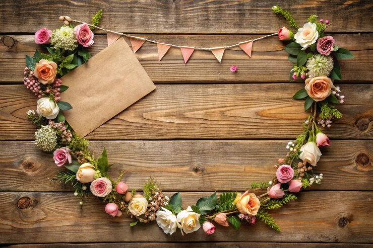 Photo une couronne de fleurs et de feuilles sur un fond en bois
