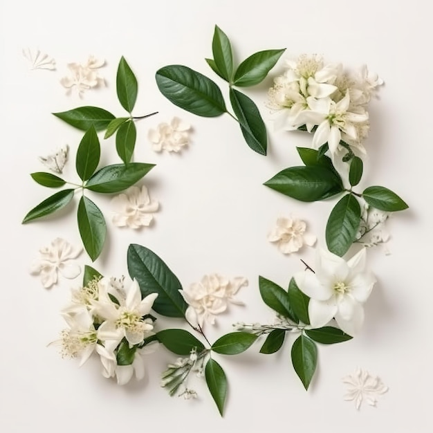 Une couronne de fleurs avec des feuilles vertes et des fleurs blanches