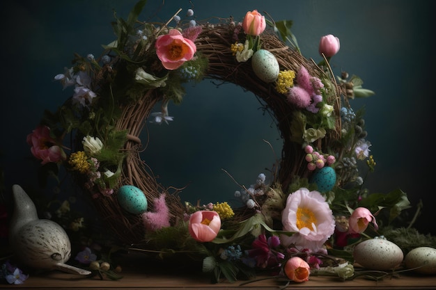 Une couronne de fleurs avec des fleurs et des œufs sur une table.