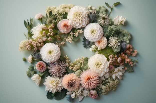 Une couronne de fleurs sur fond bleu