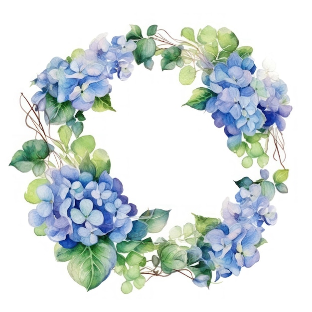 Une couronne de fleurs d'hortensia bleu avec des feuilles.