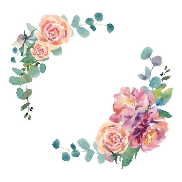 Une couronne de fleurs Illustration aquarelle Pivoines roses anémones eucalyptus Beauté et santé