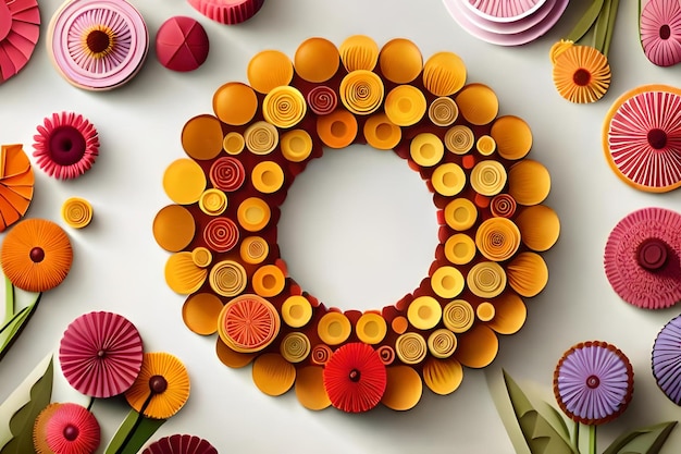 Une couronne de fleurs jaunes avec un cercle de fleurs rouges et oranges.