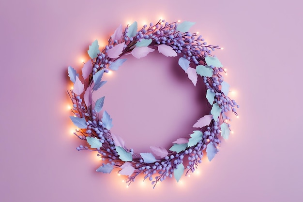 Couronne de fleurs de Noël sur fond pastel Couronne florale minimaliste à la mode avec des lumières de fée Conception pour la fête d'hiver, la carte de bannière de Noël et du Nouvel An avec espace de copie