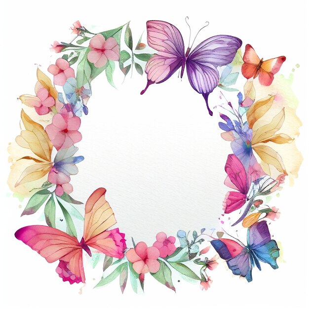 Une couronne de fleurs ronde avec des papillons illustration à l'aquarelle printemps floral cadre naturel pour le mariage