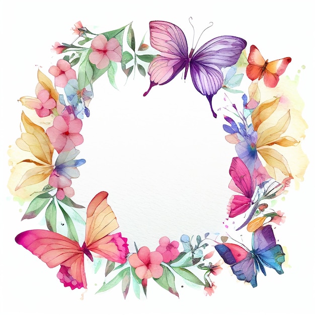 Photo une couronne de fleurs ronde avec des papillons illustration à l'aquarelle printemps floral cadre naturel pour le mariage