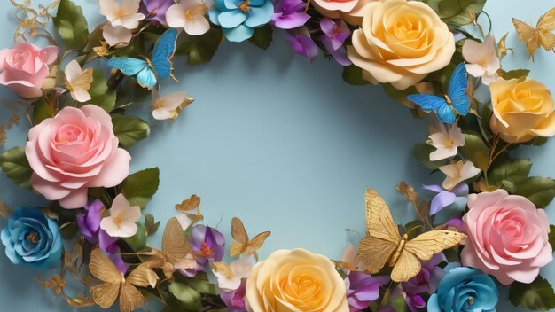 Photo couronne de fleurs en rose pastel avec papillon doré