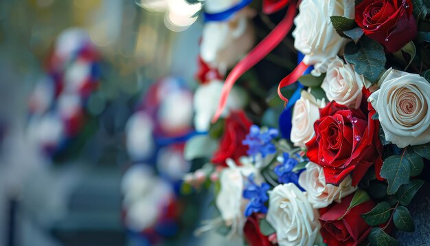 Photo une couronne de fleurs rouges, blanches et bleues est placée sur une table.