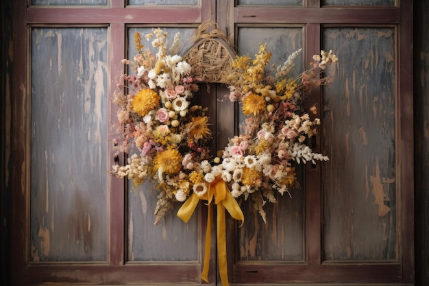 Couronne De Fleurs Séchées Accrochée à Une Porte Vintage