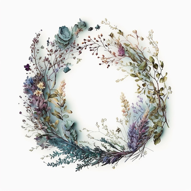 couronne de fleurs séchées à l'aquarelle sur fond blanc