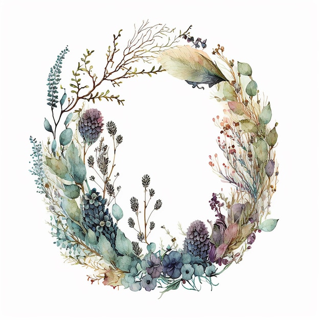 couronne de fleurs séchées à l'aquarelle sur fond blanc