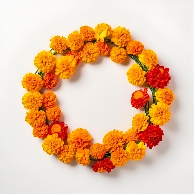 Une couronne de fleurs soucis sur un fond blanc Diwali festival Copy space