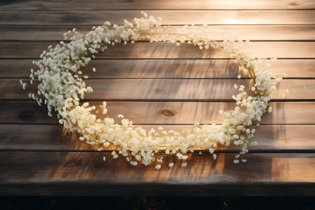 une couronne de fleurs sur une table en bois