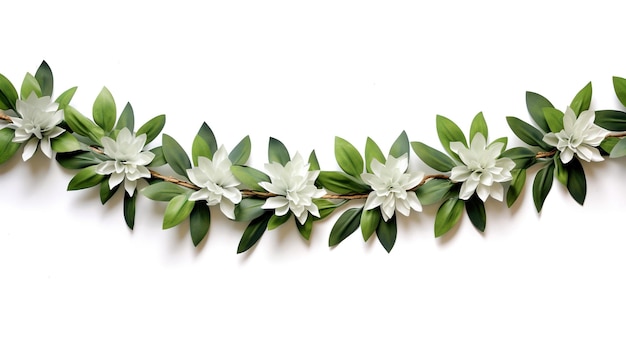 une couronne de fleurs vertes avec des fleurs blanches sur un fond blanc