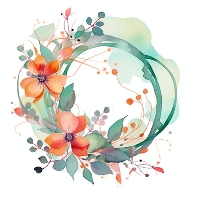 Couronne florale aquarelle avec un cercle vert et des fleurs orange.