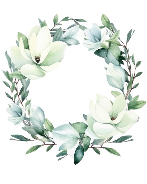 Couronne florale aquarelle avec feuilles et branches vertes de magnolias pour voeux de mariage