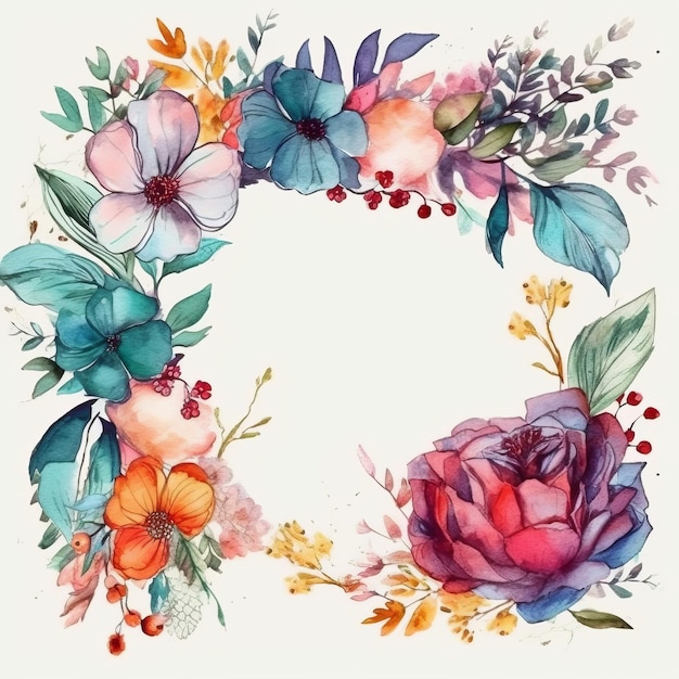 Une couronne florale aquarelle avec des fleurs et des feuilles.