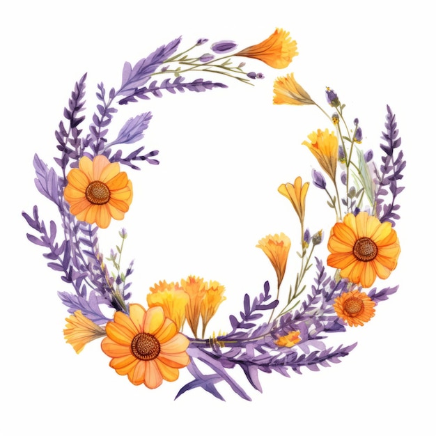 Couronne florale à l'aquarelle avec des fleurs violettes Illustration vectorielle