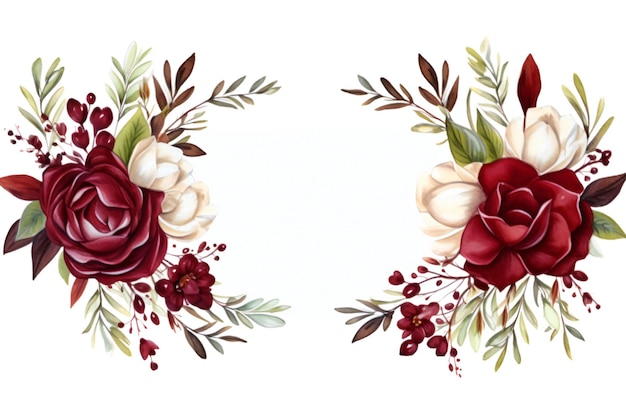 Photo couronne florale à l'aquarelle avec des roses rouges, des baies et des feuilles illustration dessinée à la main