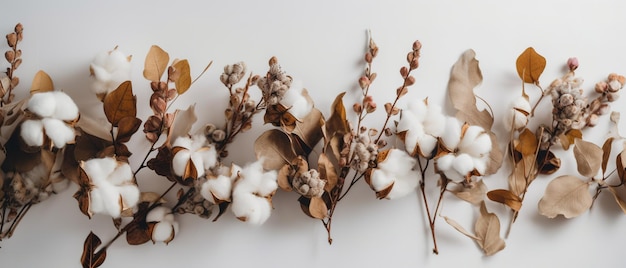 Une couronne florale blanche et dorée avec des fleurs séchées dessus