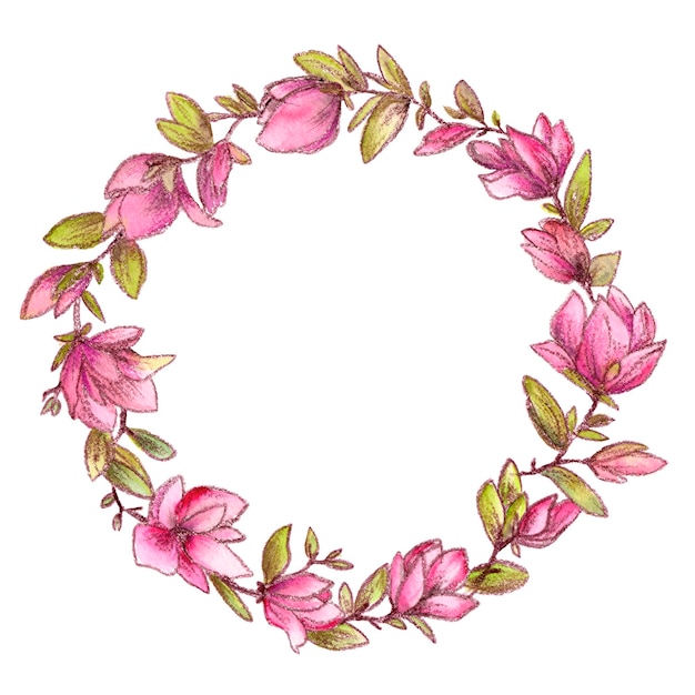 Couronne florale Cadre floral avec magnolias roses Fleurs aquarelles pour voeux, décor de carte de mariage