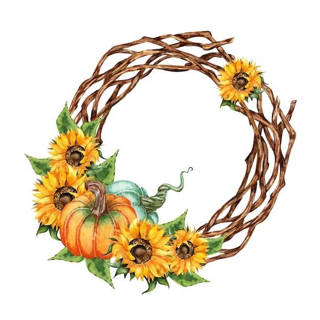 Couronne florale colorée de peinture à l'aquarelle avec des branches de feuillage de feuilles de citrouille de tournesols