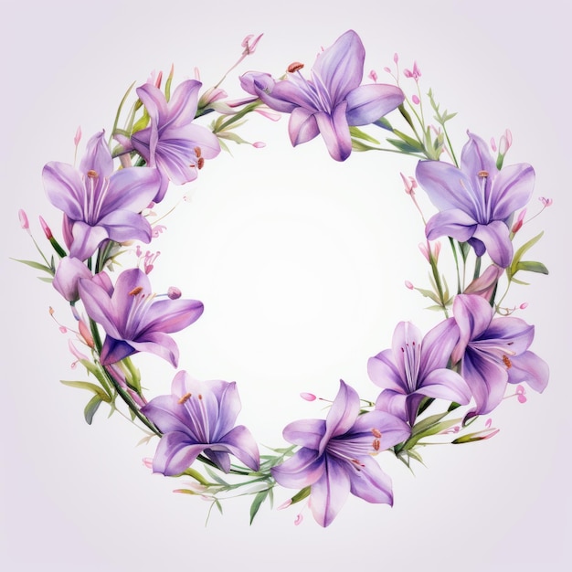 une couronne florale avec des fleurs de lys, des jonquilles et des fleurs violettes dans un style réaliste et délicat. cette illustration vectorielle présente des teintes violet clair et magenta clair, créant une ambiance romantique