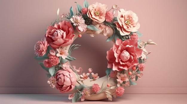 Une couronne florale avec des fleurs roses sur fond rose