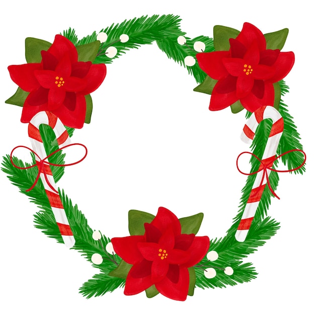 Couronne florale de Noël aquarelle avec poinsettia. Illustration peinte à la main isolée sur blanc