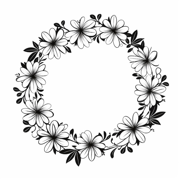 Photo une couronne florale noire et blanche avec des feuilles et des fleurs génératives ai