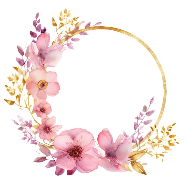 Couronne florale rose aquarelle avec cercle doré